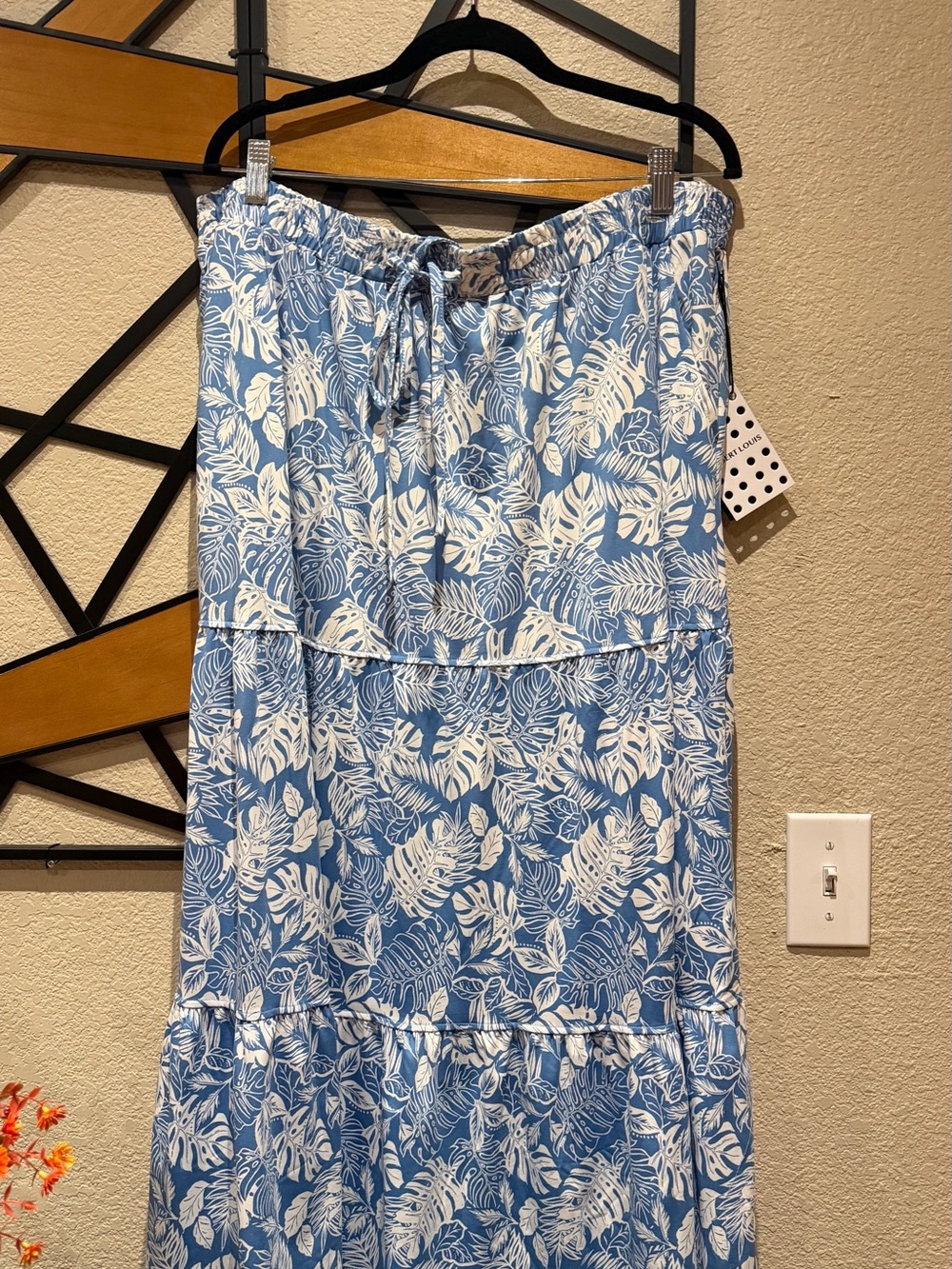 Robert Louis Blue and White Tropical Leaf Maxi Skirt